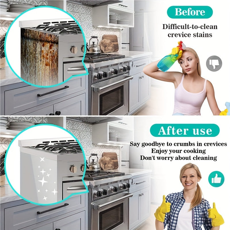 Two pieces of silicone stove gap covers that are heat resistant and easy to clean. Suitable for spaces measuring 53.34/63.5/76.2cm, these covers can be used on kitchen counters and stovetops to guard against spills. Available in black, white, and