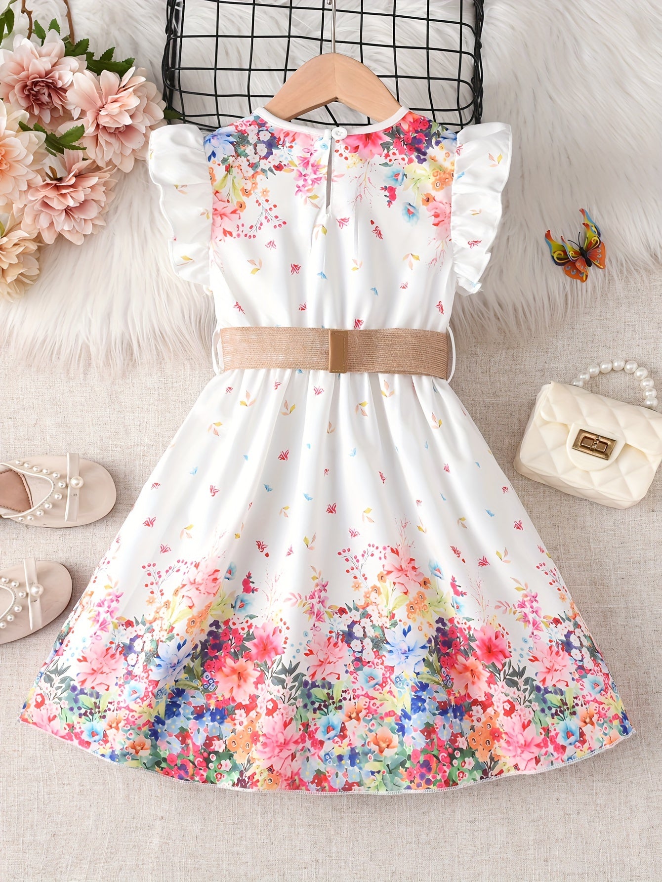 Floral princess dress with flutter sleeves and belt for young girls.