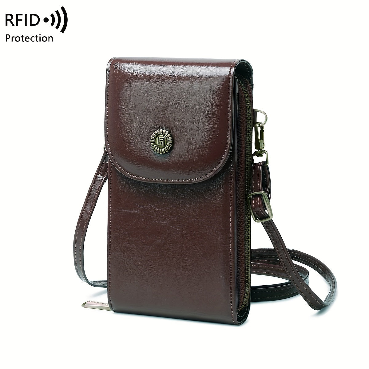 CHARM INFINITE RFID Blocking Crossbody Phone Wallet in Vintage Red with adjustable strap, multi-pocket organizer, waterproof & anti-theft design for everyday use.