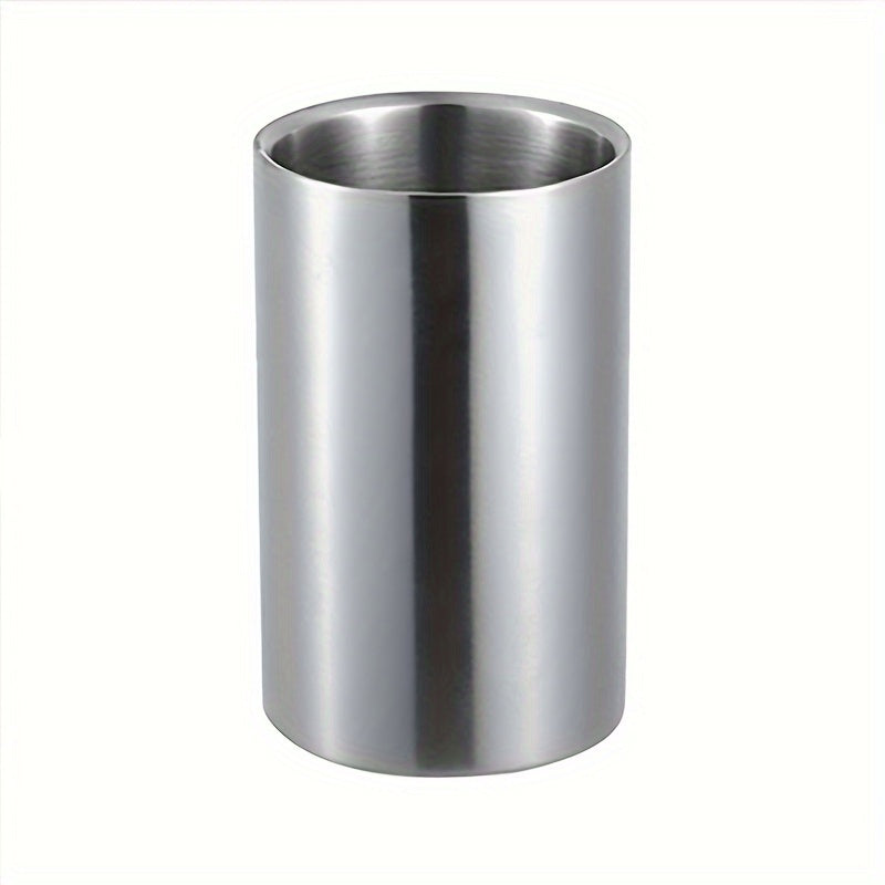 Stainless steel double-deck ice bucket for cooling beverages in outdoor settings, portable for picnics and parties.