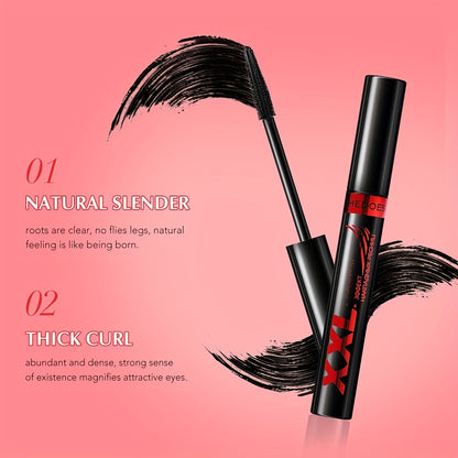 Black mascara with volumizing, lengthening, and curling formula for long-lasting lashes, containing plant squalane.