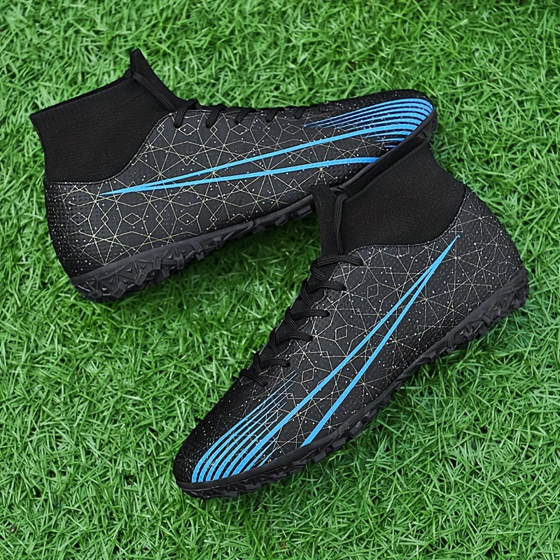 Breathable High-Top Turf Soccer Shoes with Striped Design and Enhanced Traction for Artificial Grass Fields