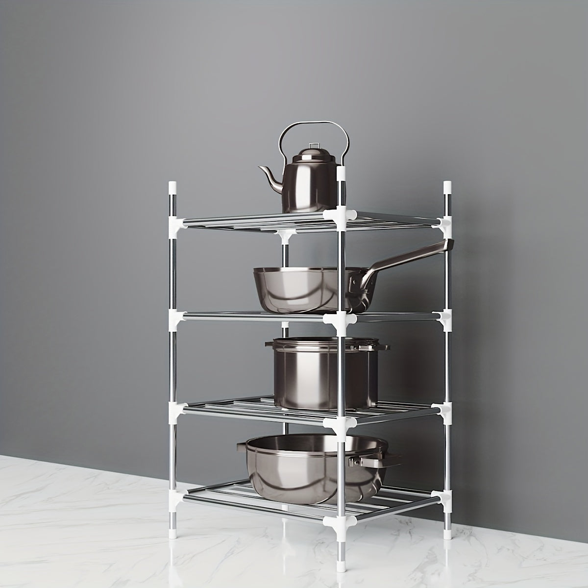 Multi-tier stainless steel storage shelf, ideal for organizing kitchen, bathroom, balcony, and rest room. Perfect for storing cookware, tableware, oven, microwave oven, and basin.