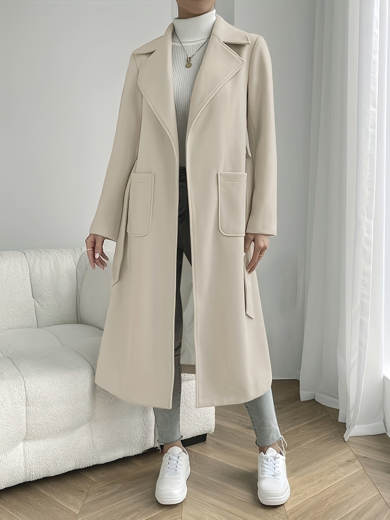 Solid color belted overcoat, stylish collar, long sleeves, mid-length for fall & winter, women's outerwear.