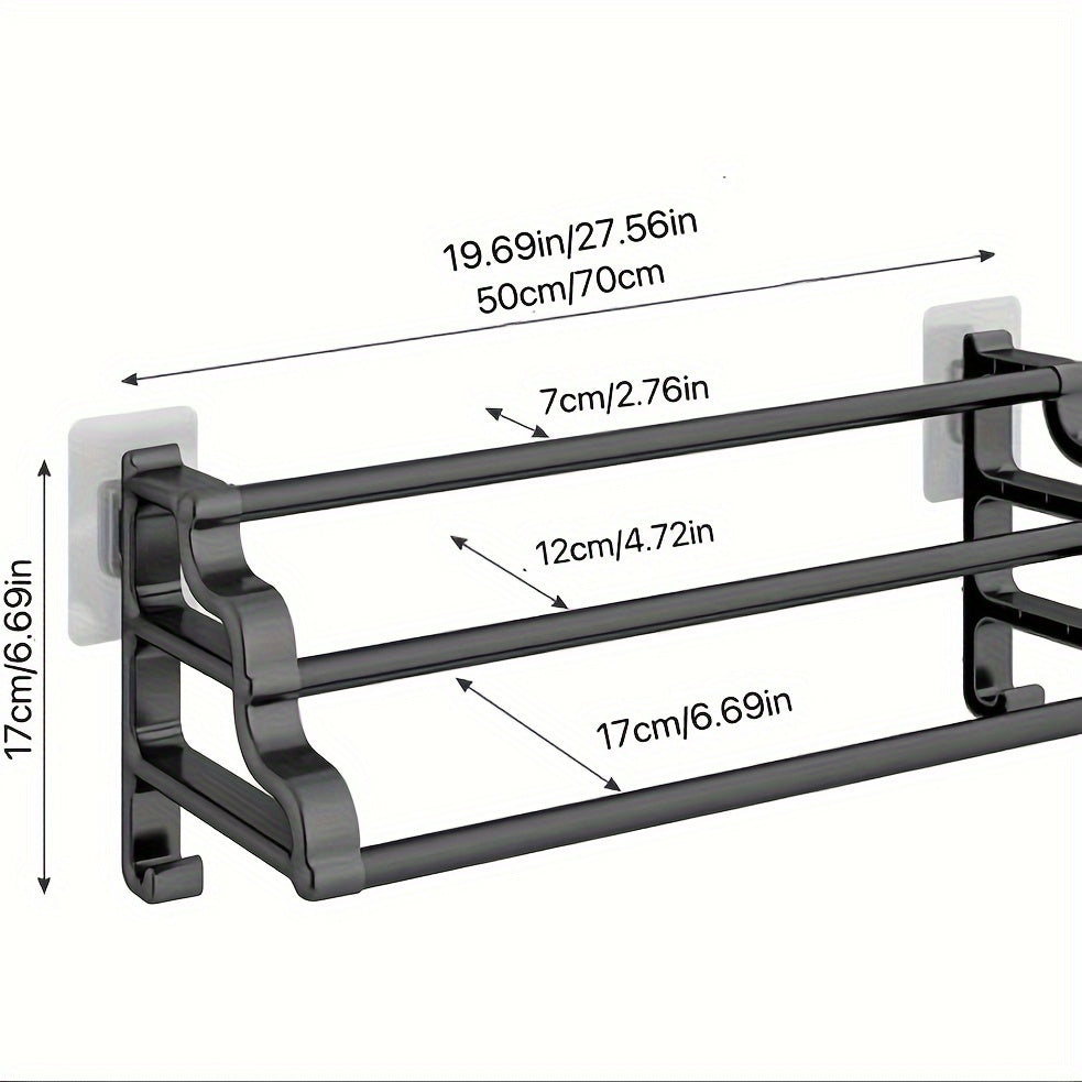 No-installation needed towel rack with dual bars, hooks for towels and durable plastic material, saving bathroom space.