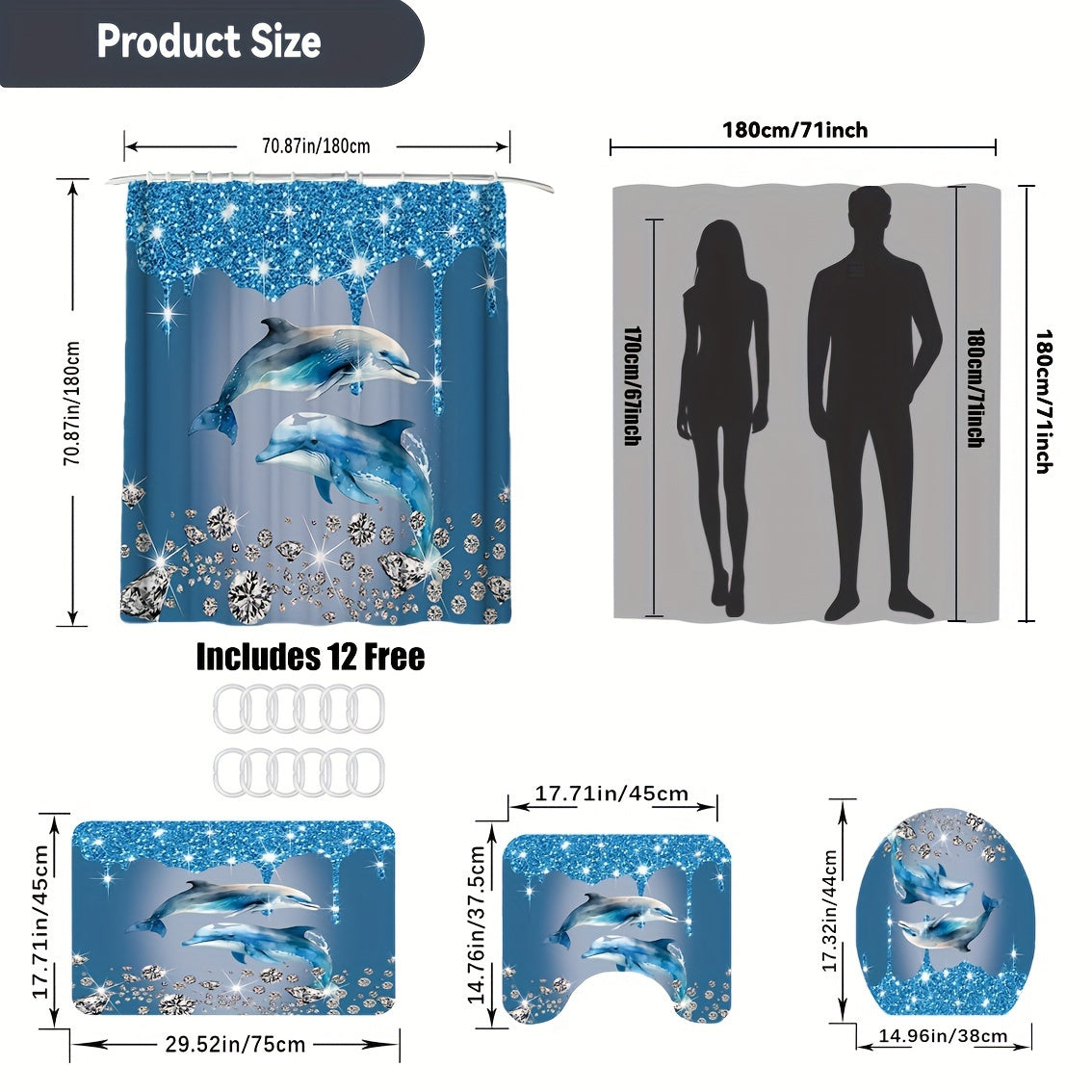 Blue diamond dolphin print bathroom set includes shower curtain, non-slip mat, toilet seat cover, and U-shaped mat, with 12 hooks for hanging the curtain.