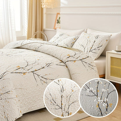 Elegant Plum Blossom Quilt Set includes 3 pieces (1 Quilt + 2 Pillowcases, Core not included). Made with skin-friendly, soft and breathable materials, this bedding is warm and comfortable for all seasons. Perfect for hotel or bedroom use.