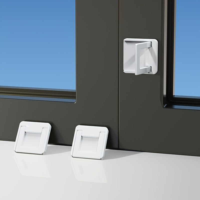 Two white plastic sliding door/window stopper locks come in a pack, designed for child safety and to secure sliding glass doors, windows, and closets. These locks do not require electricity, are hand wash only, and are safe for both children and pets.