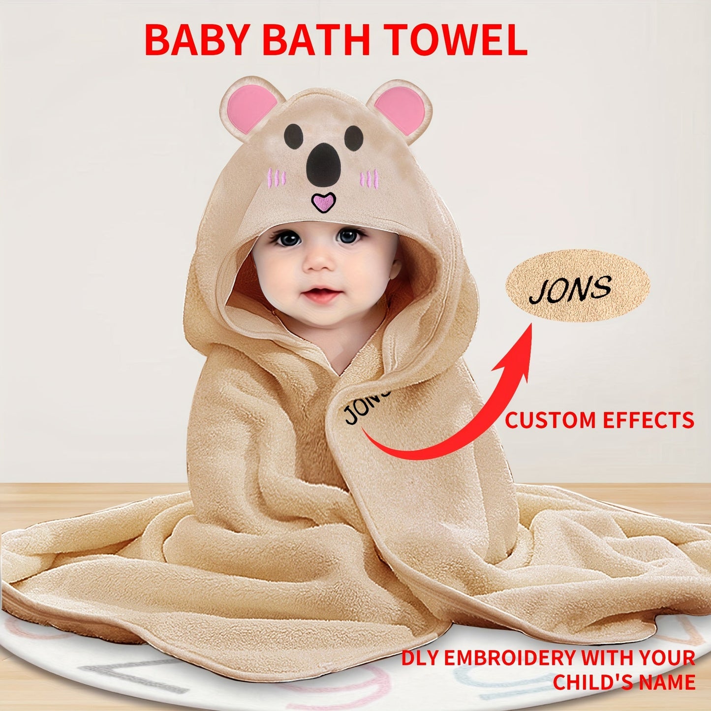 Soft and luxurious custom embroidered bath towel for youngsters made from ultra-fine polyester. Personalized with your child's name, making it a perfect gift. Comes in khaki, light brown, gray, white, and green. Ideal for kids and gifting.