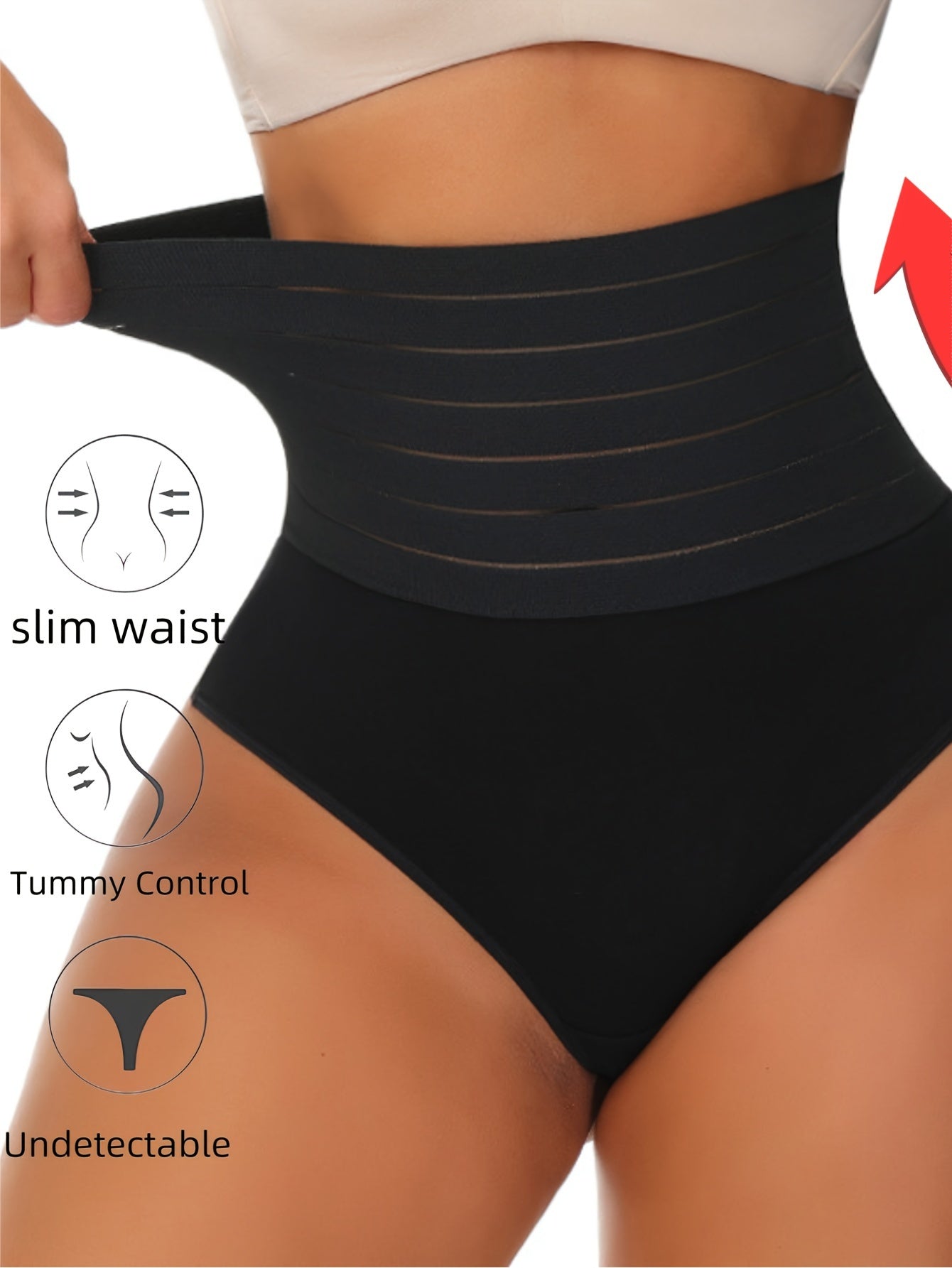 High-waist tummy control shapewear panties for women in black. Comfortable and breathable with no rolling. Made of stretchy nylon and elastane blend. Hand wash or dry clean. Ideal for