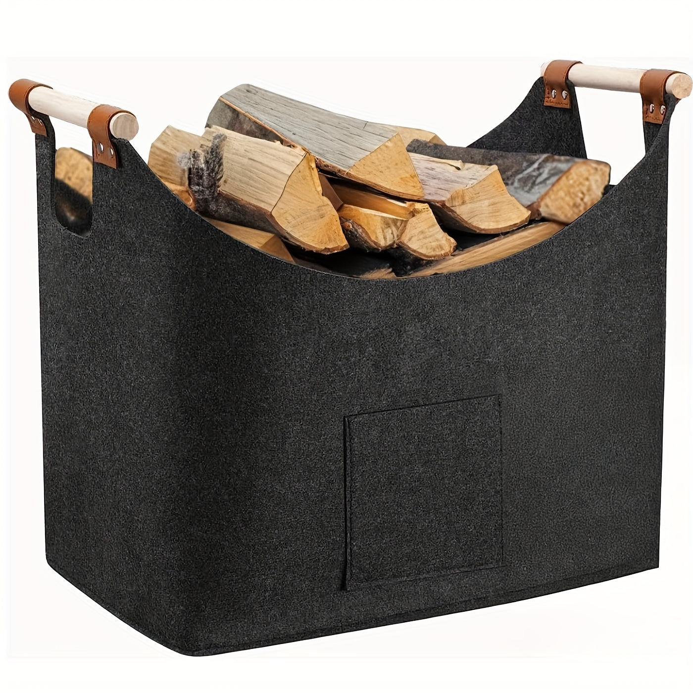 Two extra large 55L felt log baskets designed for fireplaces. These baskets are durable and thickened for indoor wood storage. They feature extended handles and a foldable design, making them ideal for storing firewood and vegetables. The baskets are a