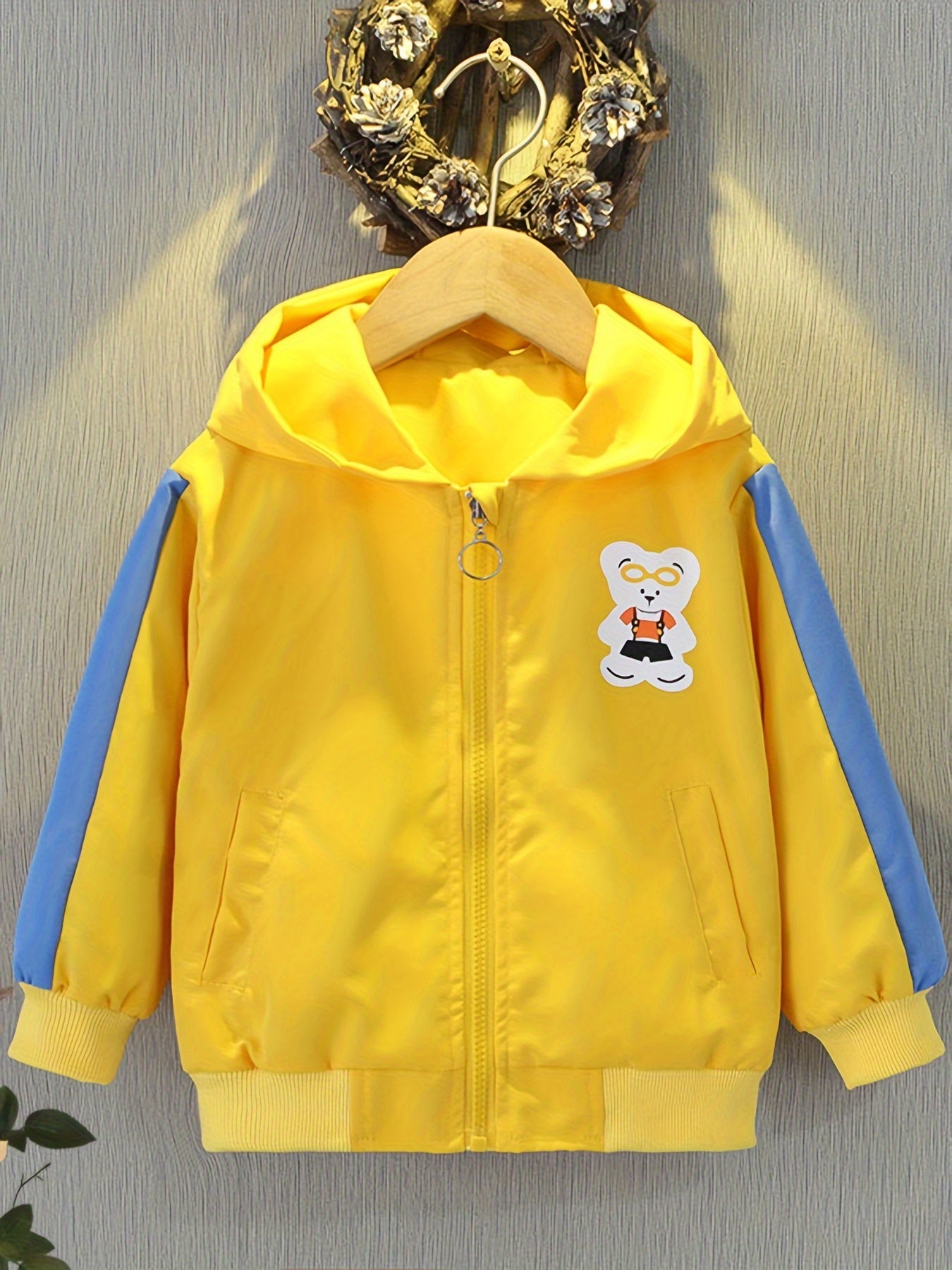 Boys' Lightweight Hooded Jacket with Bear Cartoon Print - Yellow with Blue Trim and Bow Details - Ideal for Spring and Fall, Kids' Outerwear | Vibrant Youngsters' Fashion | Easy Zipper, Boy