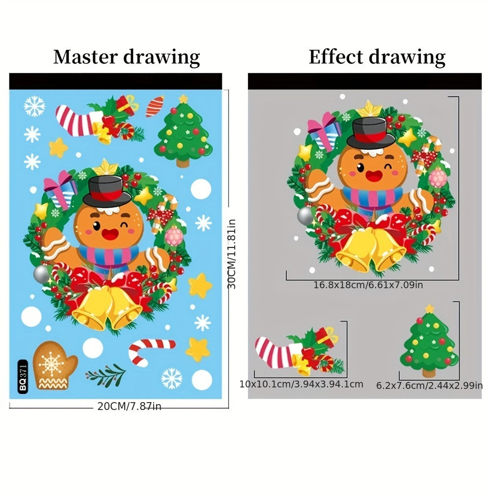 Set of Christmas window clings featuring PVC static Santa Claus and reindeer decals, along with a freestanding festive rabbit theme decor. These non-electric, featherless decals are perfect for adding a touch of holiday cheer to your home. Use them to