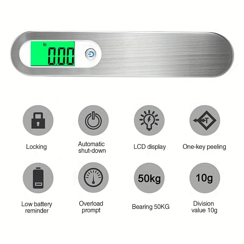 Portable LCD digital luggage scale with a 110lbs/50kg capacity and steelyard hook for travel and fishing.