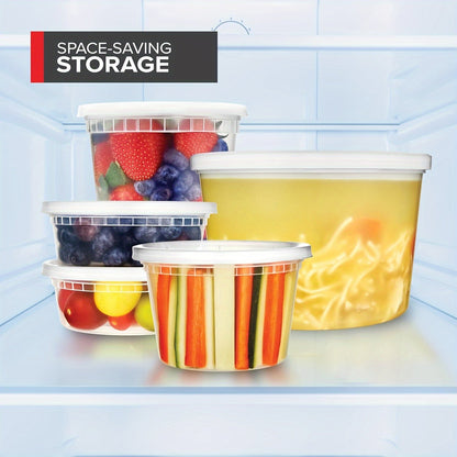 '- 10 sets of 32 oz plastic food containers with lids
- Containers are sealed and suitable for freezing and dishwashing
- Ideal for soup, takeout meal preparation, and storage