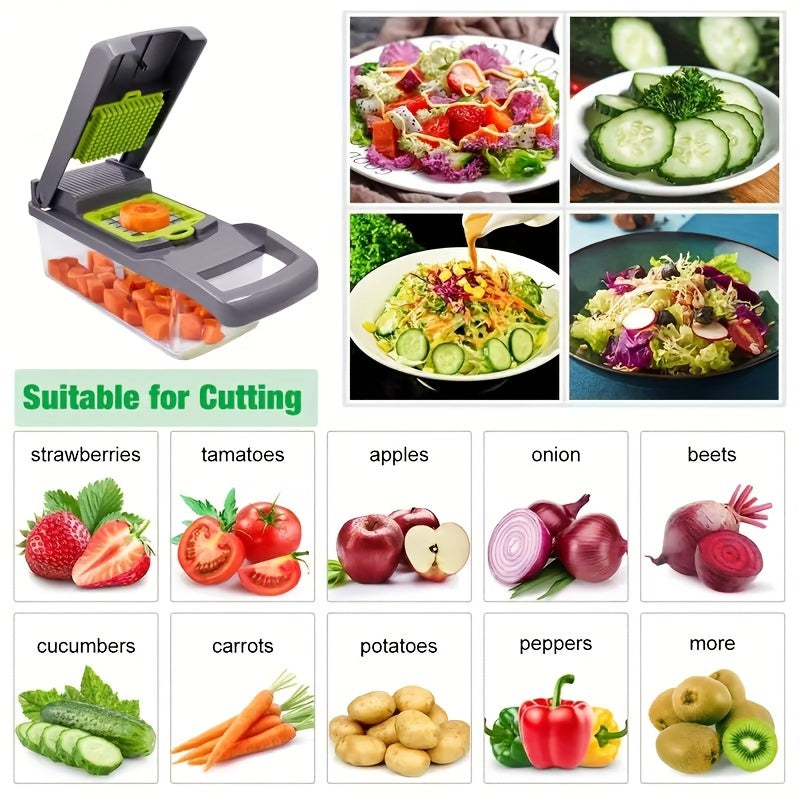 Set of 16 Vegetable Chopper Accessories, Fruit Slicer with Multiple Functions, Semi-Automatic ABS Mandoline featuring 8 Square Blades, Manual Food Grater, Onion Mincer, Potato Shredder, Essential Kitchen Tools for Dormitory Use.