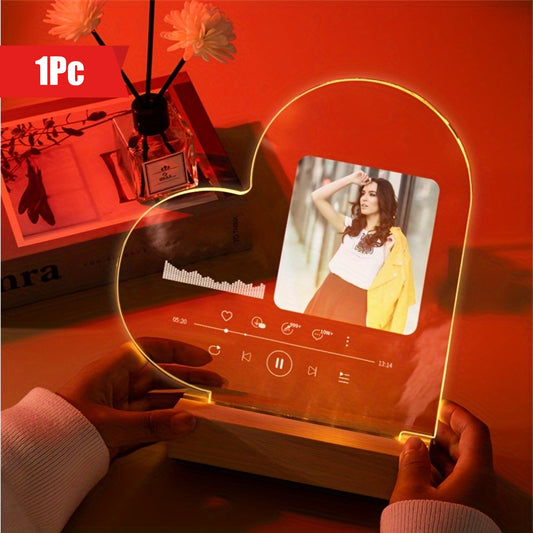 Acrylic photo frame in the shape of a luminous heart, customized with your own photos. This creative display frame makes for a personalized and memorable keepsake.