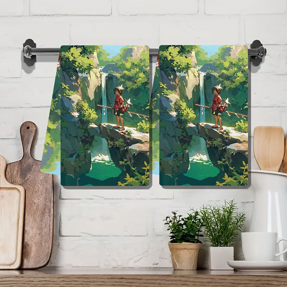 Pair of 2 Luxuriously Soft Kitchen Towels, Ideal for Exploring a Local Waterfall or Spring. These Super Absorbent Towels are Great for Decorating During the Holidays and can be Easily Cleaned in the Washing Machine. Each Towel Measures 40.64 x 60.96 cm.