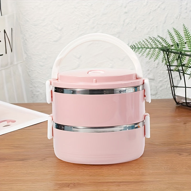 This 2-tier insulated bento lunch box is made of stainless steel, making it leak-proof and perfect for keeping your food hot or cold. It's a manual double-layered thermal lunch solution that is great for office, school, or camping trips. Simply hand wash