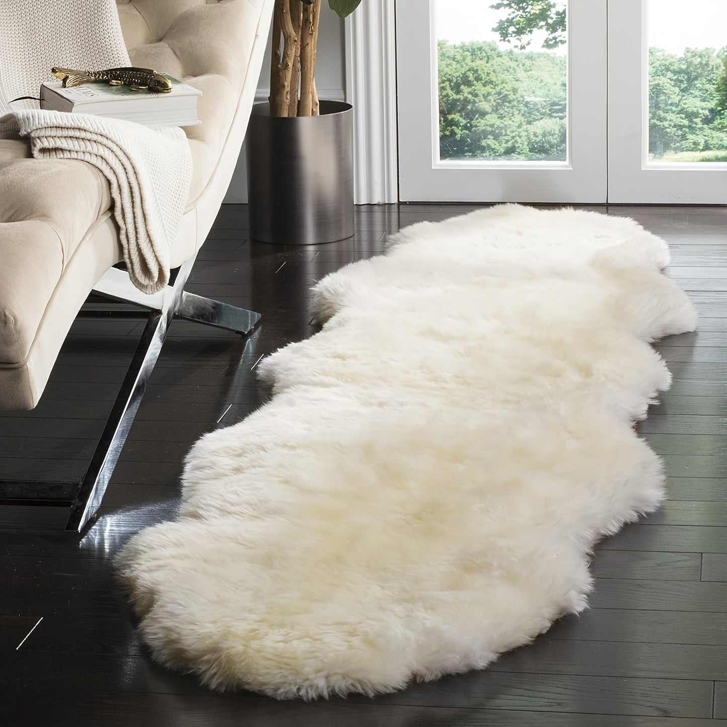 Soft and plush white faux sheepskin rug runner, perfect for nursery or living room decor. Machine washable with a flat weave, ideal for children's rooms. Measures a maximum size of 2.16m² and maximum length of 1.8m.