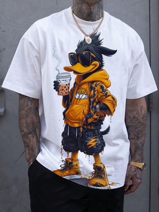 Men's graphic print T-shirt with short sleeves, crew neck, and stylish cartoon design. Suitable for daily wear and outdoor activities, made from durable polyester fabric. Trendy and