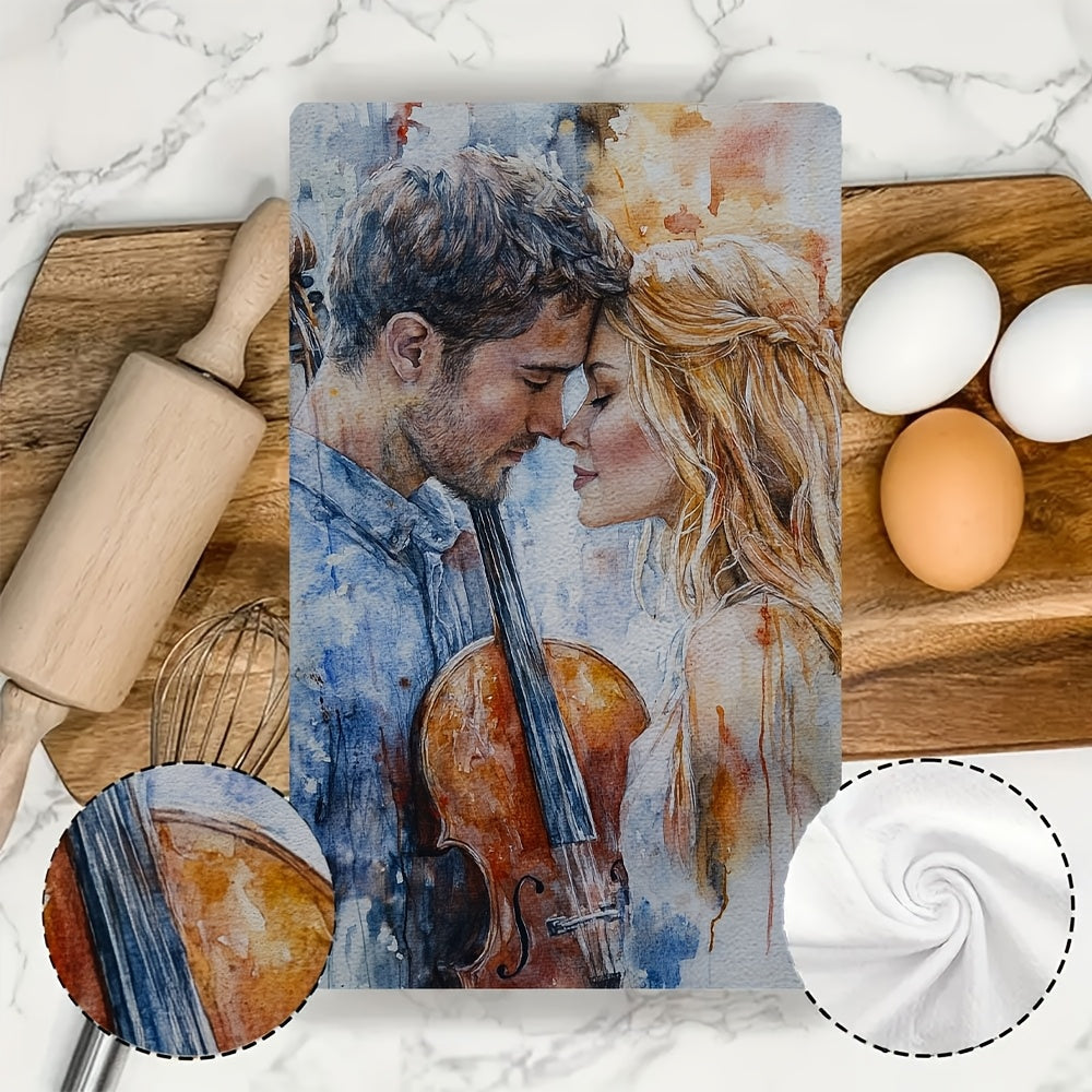 Two romantic violin duet themed kitchen towels are included. These ultra soft and highly absorbent dish towels are made of polyester and are machine washable. Each towel measures 40.64x60.96 cm and is perfect for holiday decor and everyday use in the