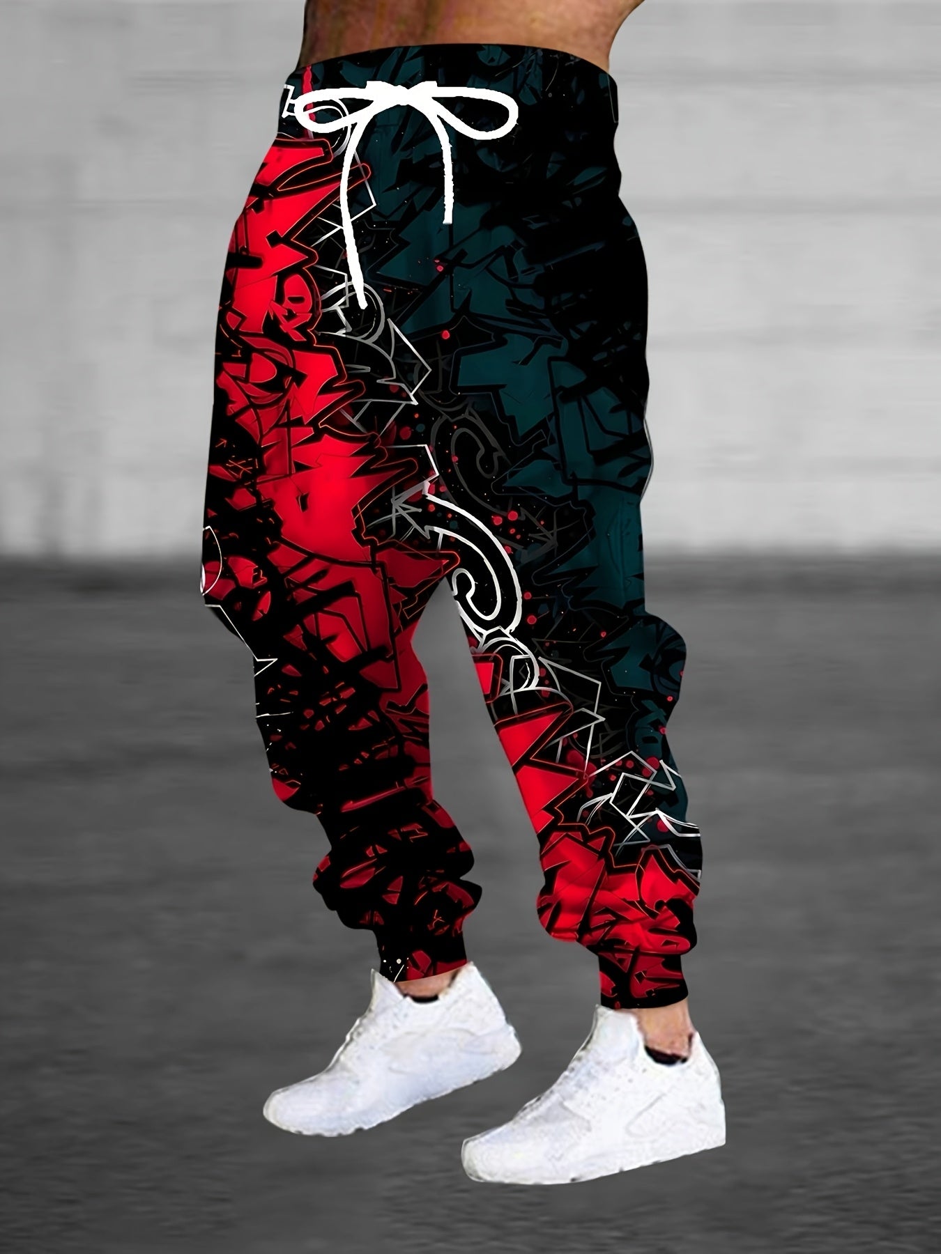 Men's Lifestyle Flex joggers with 3D graffiti print, drawstring, and pockets - comfortable polyester sweatpants for all seasons.