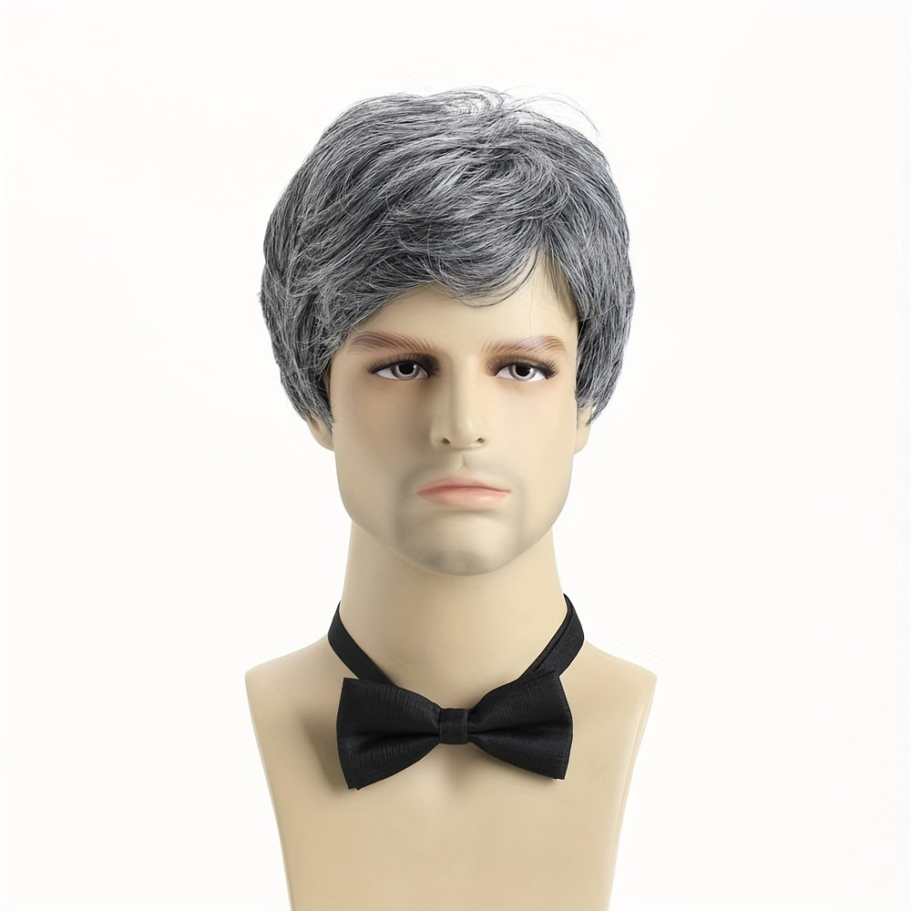 Stylish Men's Fashion Wig: Short Wavy Gray with Side Bangs, 25.4 cm in Synthetic Fiber - Perfect for Daily Wear, Role Play, Halloween, Nightclub, and Parties. Made of Durable Polyester Material, Hand Wash Recommended and Heat Resistant.