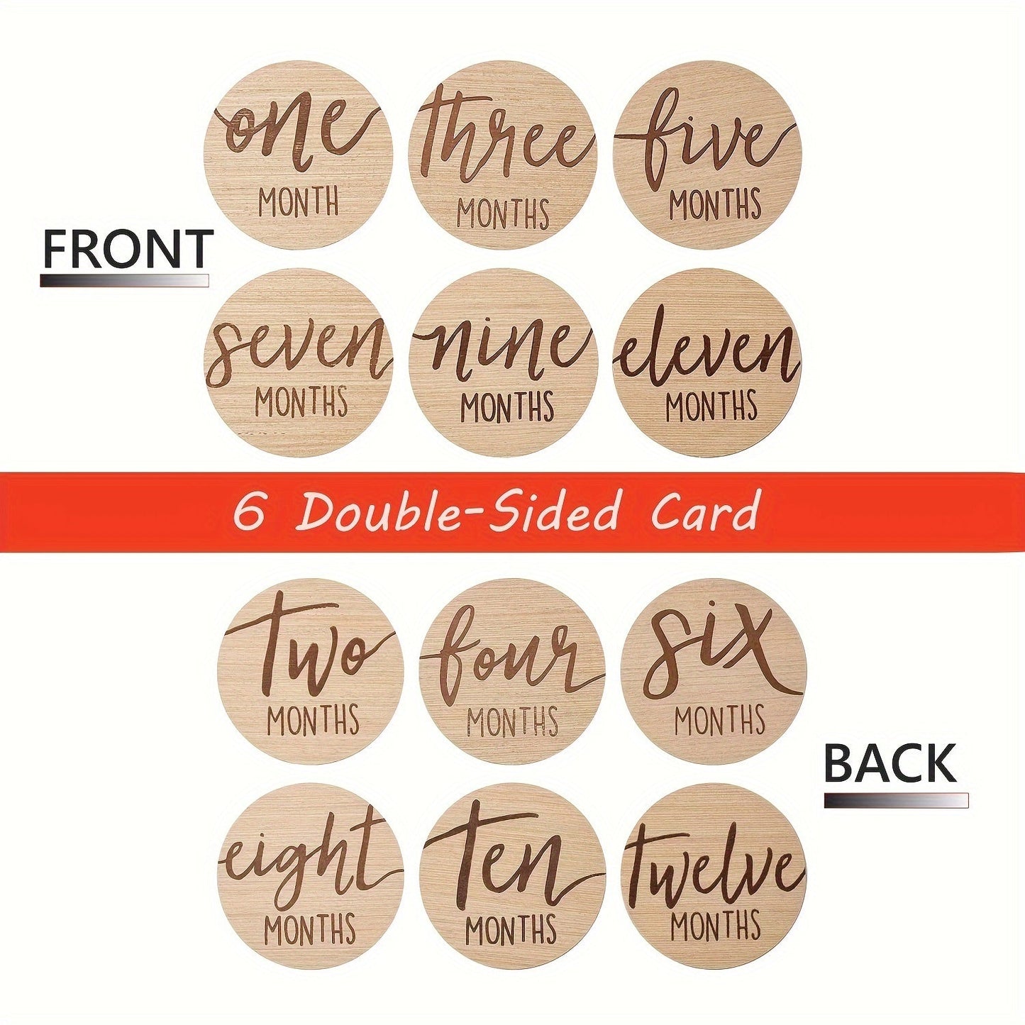 Set of 6 Wooden Double-sided Milestone Cards includes monthly milestone cards from 1-12 months, perfect for capturing photography milestones. Also includes first year growth cards, pregnancy journey milestone cards, and can be used as youngsters' gift