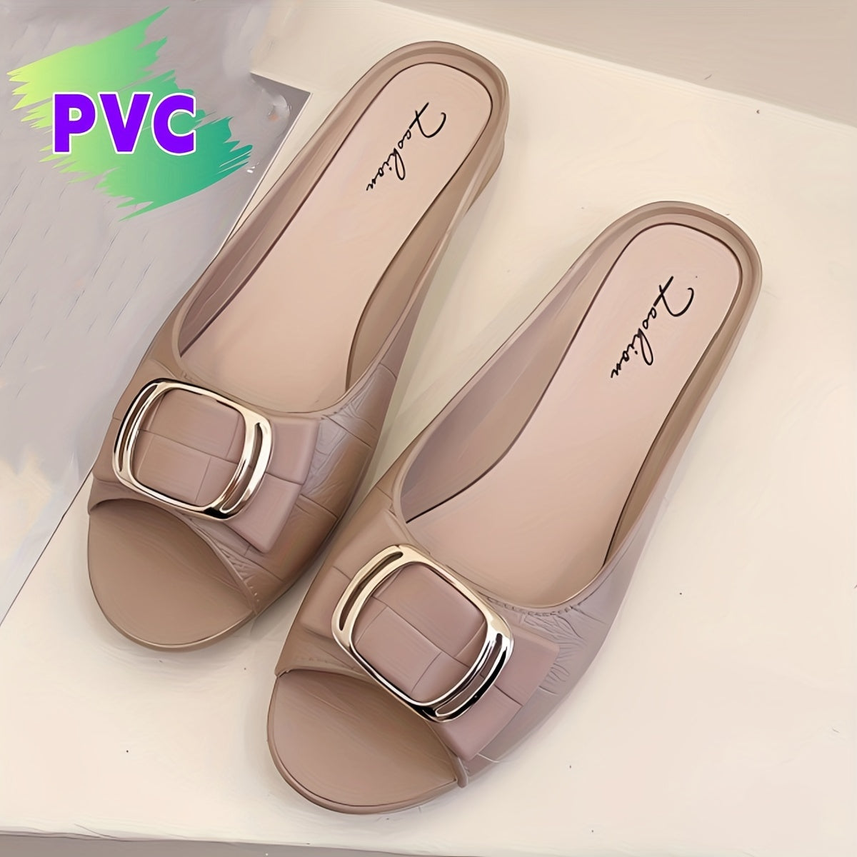 Summer PVC slide sandals for women in chic black with a golden buckle, open toe, and soft non-slip sole for comfortable walking. Breathable and hand-washable with strappy design.