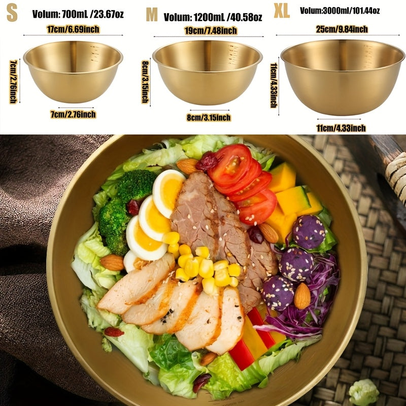 Set of 3 stainless steel salad bowls with measuring marks, various sizes - 700ml, 1200ml, 3000ml