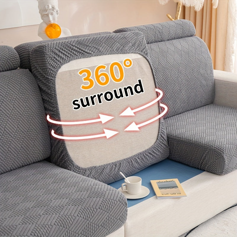 Modern polar fleece jacquard sofa slipcover with elastic band for a fitted look. Machine washable and pet-friendly. Fits sectional, armchair, loveseat, 3-seater, and 4-seater sofas. Includes armrest covers. Great Christmas gift idea.