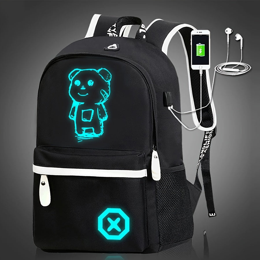 Glow-in-the-dark cartoon backpack with USB charging, adjustable straps, and zip closure. Perfect for daily use for school or commuting.