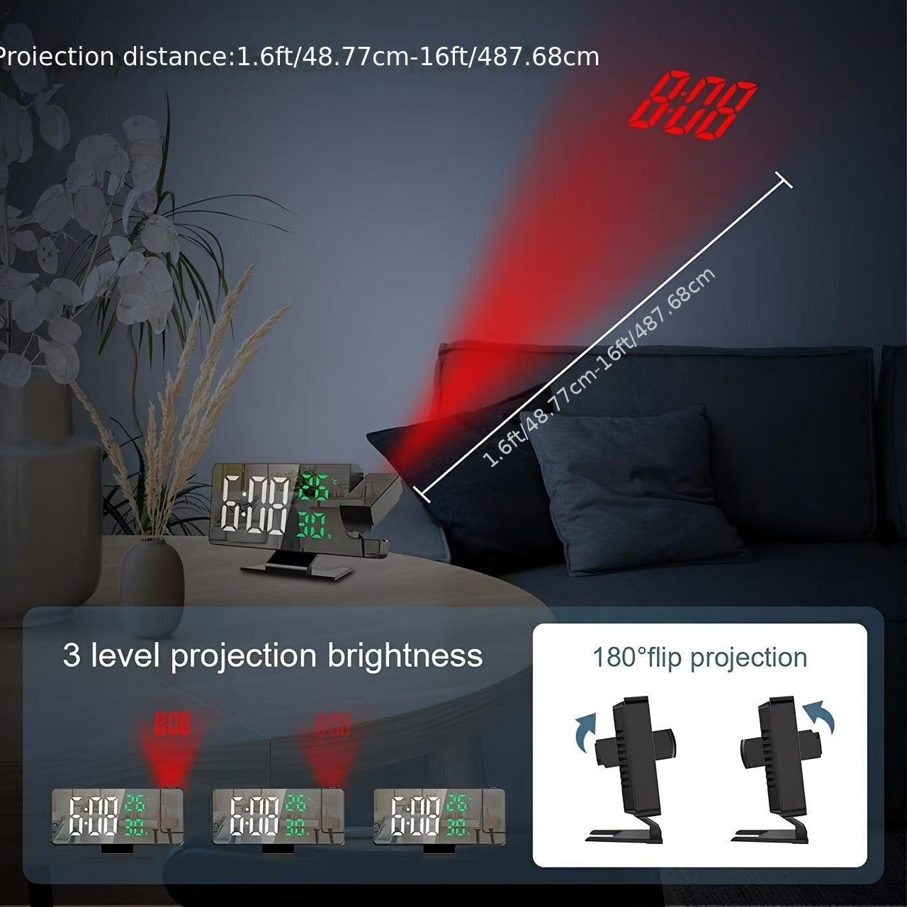 LED Projection Clock with Temperature, Humidity Display, and Smart Electronic Alarm for the Bedroom.