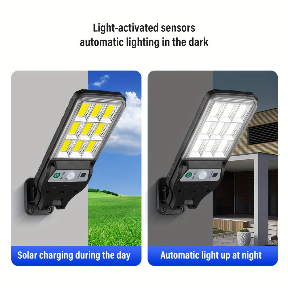 Motion sensor solar wall light with 9COB LED, remote control, 3 modes, and infrared for outdoor security.