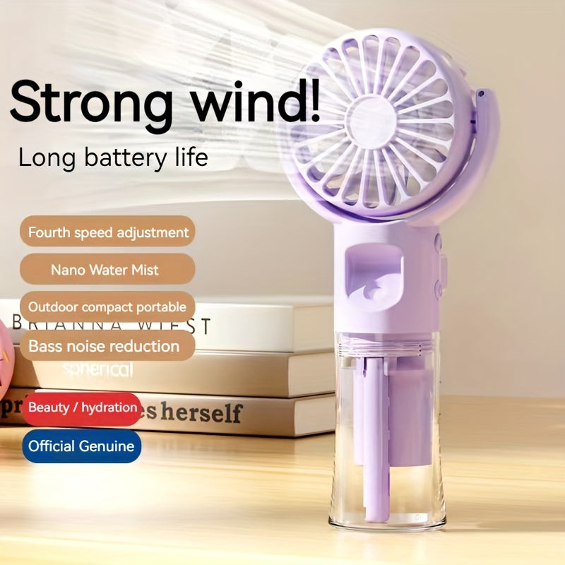 Compact, rechargeable handheld spray fan and mini facial steamer, perfect for on-the-go use during travel and outdoor adventures.