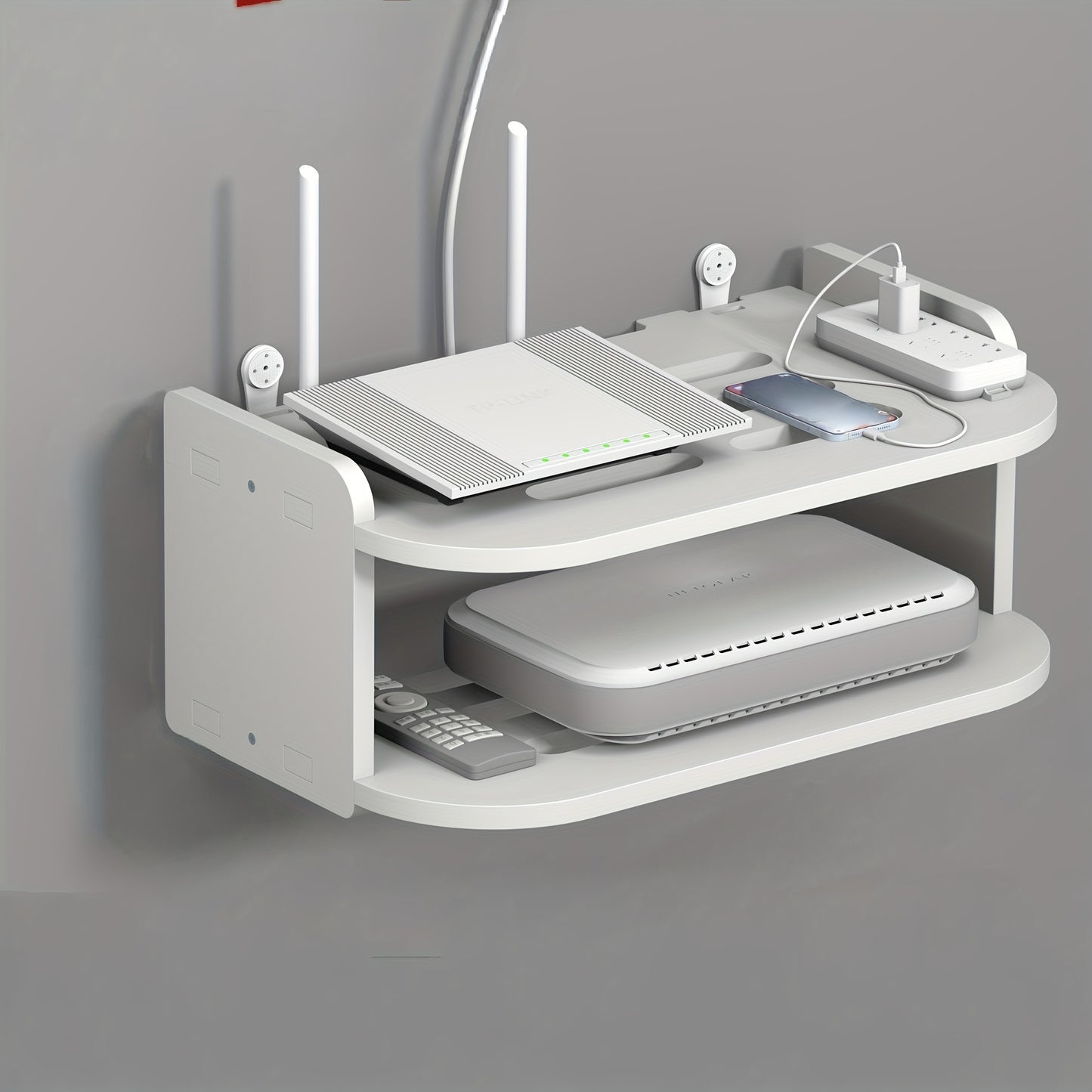 2-tier wall-mounted rack with cable management for routers and set-top boxes - no drilling required.