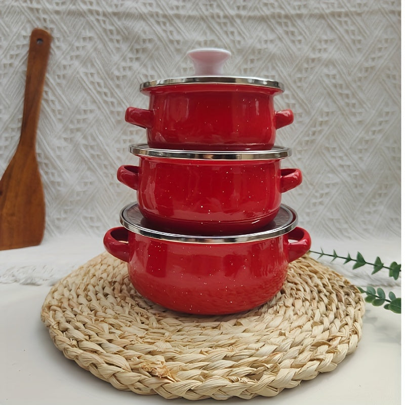 Enamel Pot Set includes three pieces with 12/14/16 cm mini pots in a solid color, speckled design - ideal for cooking delicious meals at home.