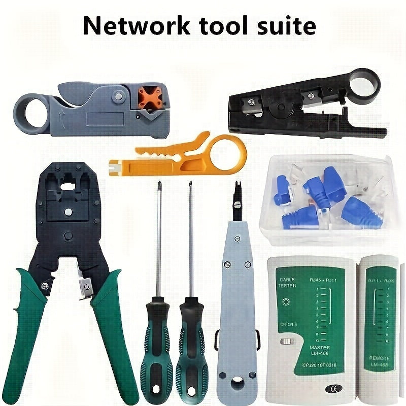 Professional network service tools kit including RJ45 tester, crimp pliers, cable tracker, clip kit, and carry bag. Suitable for Cat5, Cat5e, and Cat6 cables. Portable and uncharged.