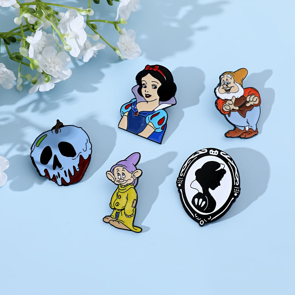 Set of 5 Enamel Pins - Adorable Snow White & The Seven Dwarfs Brooches, Made of Alloy Metal, Perfect for Clothing and Backpacks