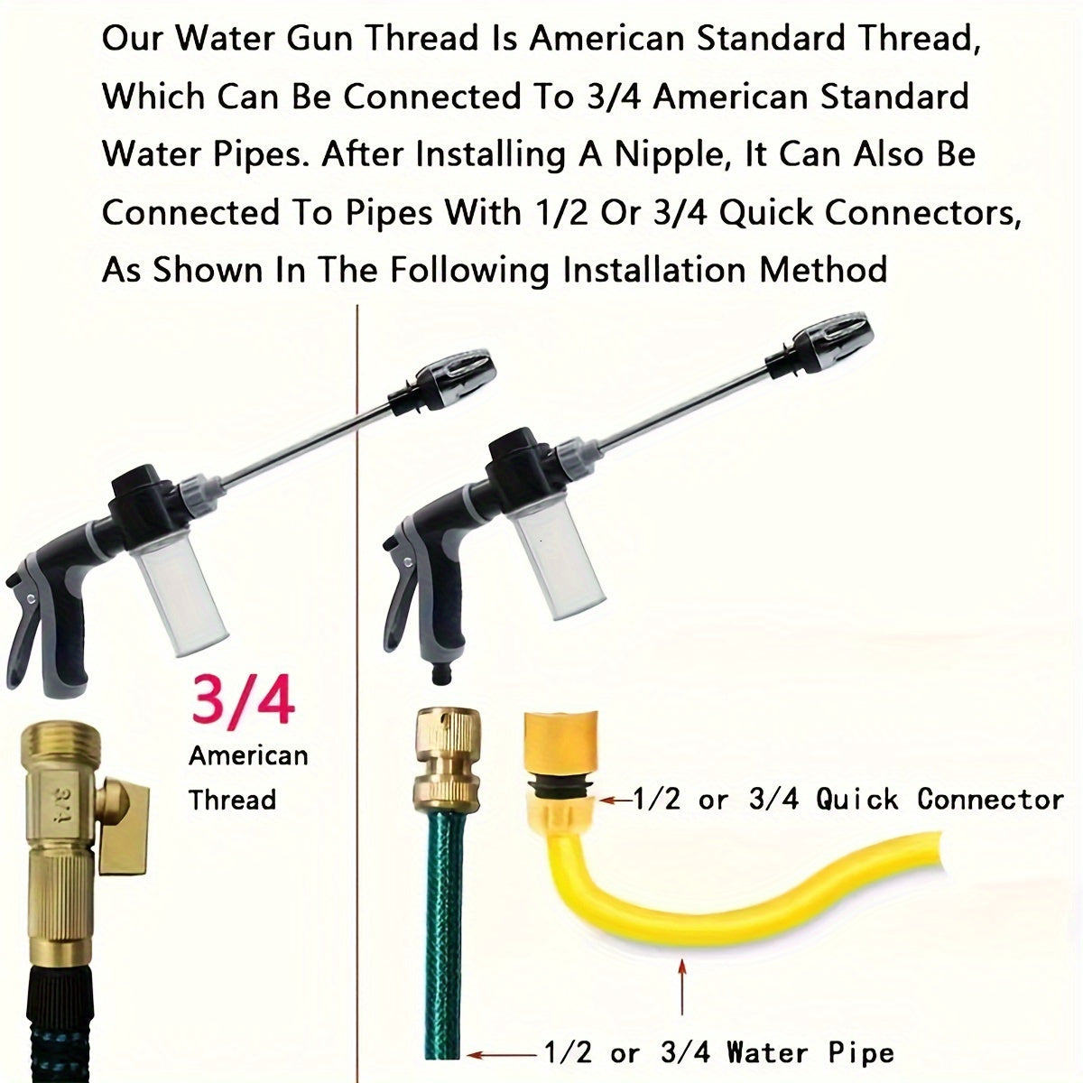 High-pressure foam gun with long handle and adjustable nozzle for cleaning, watering, and tire inflation. Includes foam cannon and pressure spray bottle.