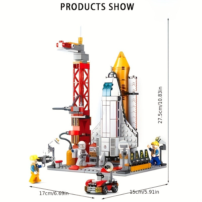 Space shuttle and rocket launch center building toy set includes over 500 pieces made of ABS material.