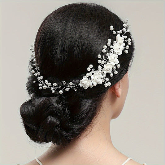 Elegant faux pearl headband headdress handmade for the bride, a perfect accessory to complement her wedding dress with beautiful rose detailing. Ideal for adding a touch of glamour to the wedding day look.