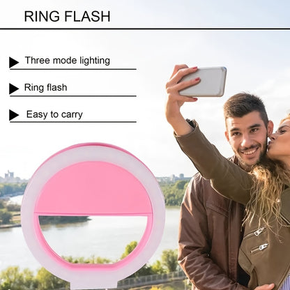 Portable LED ring light for phone to enhance face beauty during live streaming and selfies.