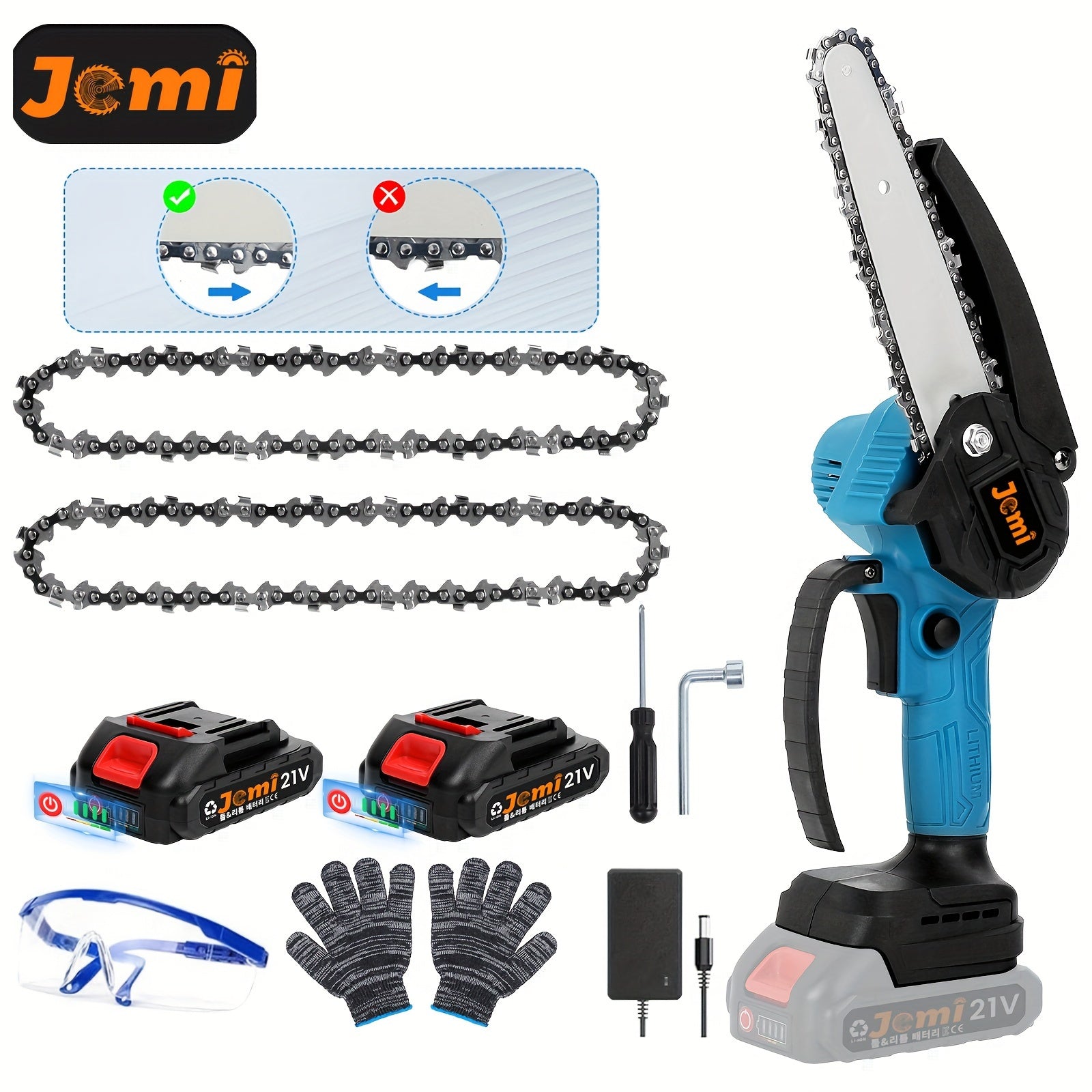 Jemi 6-Inch Mini Chainsaw with 1/2 Chain, Digital Display, Lithium Battery, Type C Plug, Cordless Tool for Wood Cutting and Tree Trimming, 110V-240V Voltage