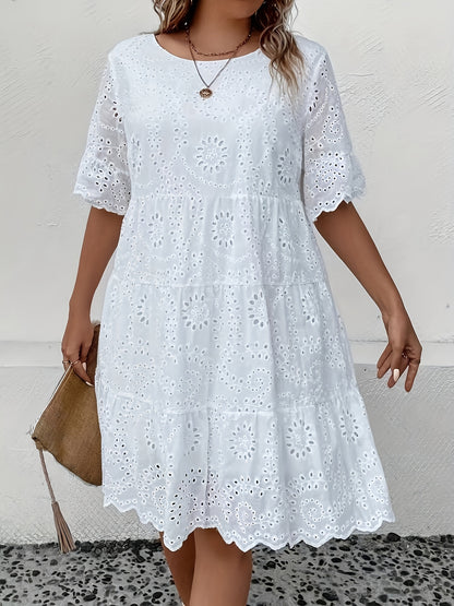 Lace-trimmed plus size dress with eyelet embroidery, round neck, short sleeves, and mesh fabric, ideal for spring and summer.