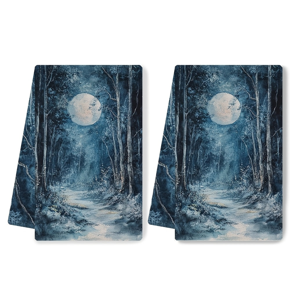 Enchanting Moonlit Grove Kitchen Towels Set of 2 - Made of Ultra Soft and Highly Absorbent Polyester Material, Machine Washable, 40.64x60.96 cm - Perfect for Holiday Decor and Everyday Use in the Kitchen