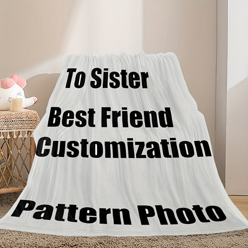 Customize your living space with our personalized 1 piece flannel fleece blanket. This digital print heat transfer blanket features your own photo and a contemporary geometric pattern. Perfect for all seasons, it is reversible and can be used for