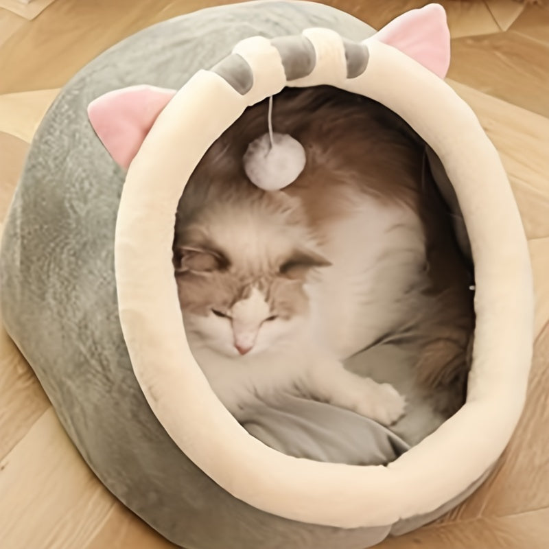 Plush cat house with cushion for all-sized cats, suitable for all seasons.