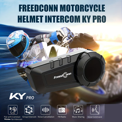 Freedconn KY Pro Motorcycle Intercom Helmet Headset for 6 riders with noise control, voice command, and walkie-talkie compatibility. Comes with USB charging cable.